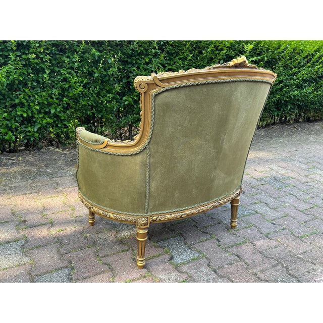 1960s Artisan Louis XVI Gold Beech Green Velvet Settee-1 Pc For Sale - Image 11 of 12