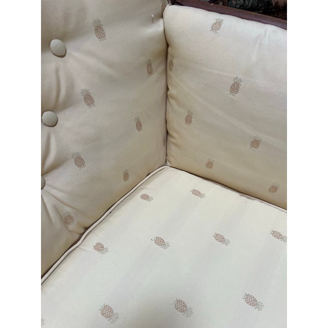 Light Yellow 1920's Art Nouveau Carved Walnut Lounge Club Chair Pineapple Upholstery For Sale - Image 8 of 11