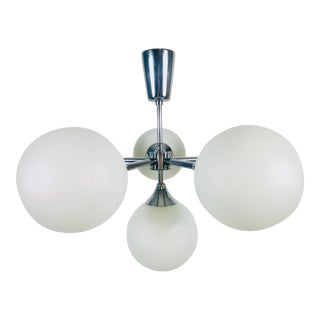 1960s Mid-Century Modern Chrome and Opaline Glass Chandelier by Kaiser, Germany For Sale