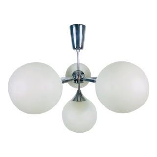 1960s Mid-Century Modern Chrome and Opaline Glass Chandelier by Kaiser, Germany For Sale