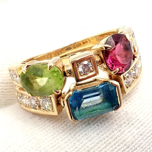 Blue Bulgari Allegra Gold Diamond Peridot Tourmaline Band Ring, Size 7.25 For Sale - Image 8 of 12