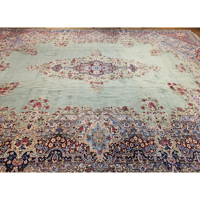 Vintage Oversized Persian Kerman Rug, Hand-Knotted Wool, Floral Pattern, Pale Green & Red, 12x16 For Sale - Image 4 of 15