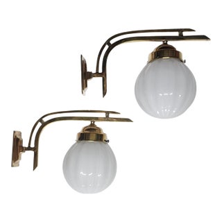 Vintage Art Deco Light Old Lamp Wall Sconces Fixture Brass & Ribbed Milk Glass Shade Ship Light - a Pair For Sale