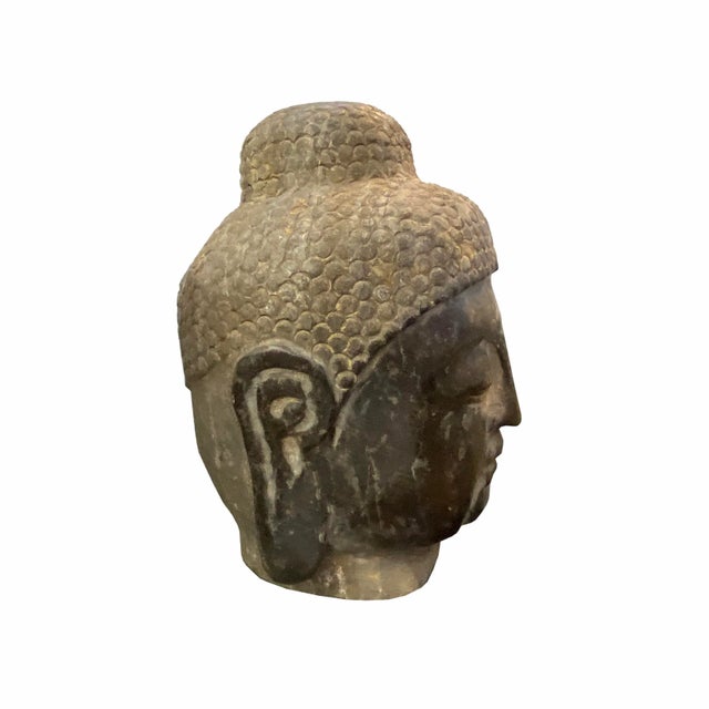 Chinese Oriental Black Gray Stone Carved Buddha Head Figure For Sale - Image 4 of 5