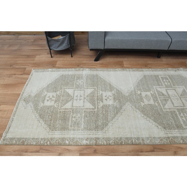 Beige 1970s Vintage Turkish Handmade Wool Cotton Beige Runner Rug For Sale - Image 8 of 10
