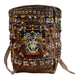 Vintage Handmade African Beaded Basket For Sale