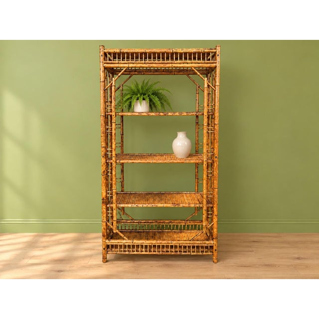 Beautiful tortoise shell burned bamboo vintage etagere with five removable shelves. A classic for the ages featuring...