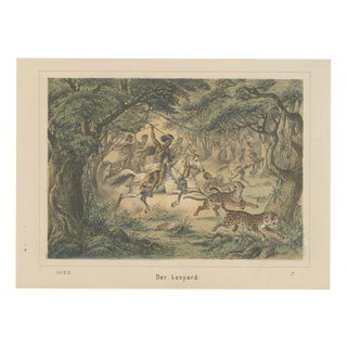 German School, Leopard Hunt in the Jungle Wildlife Adventure Lithograph, 1883, Lithograph For Sale