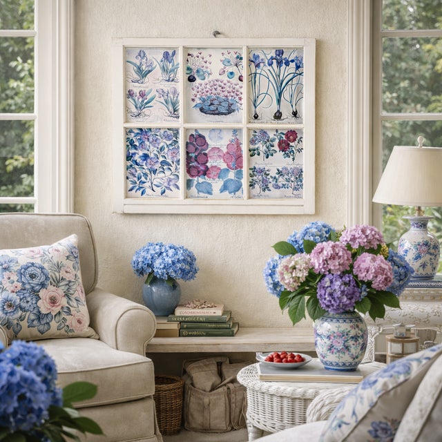 An authentic antique wooden window repurposed as botanical wall art, featuring its original six-pane construction with...