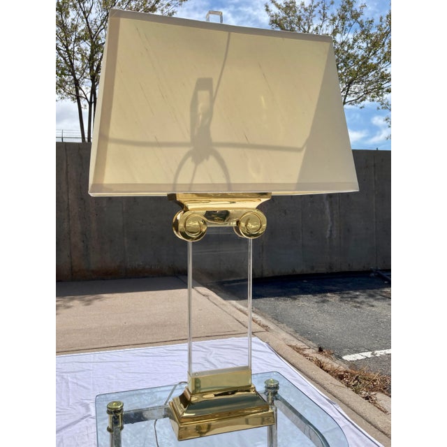 Lucite & Brass Ionic Column Table Lamps - a Pair For Sale - Image 13 of 13