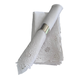 Vintage Lotus Flower Motif White Napkins - Set of 8