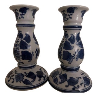 2 Jingdezhen Ceramic Candle Holders Blue and White Porcelain Vintage For Sale