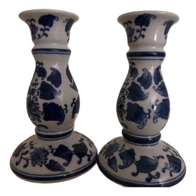 2 Jingdezhen Ceramic Candle Holders Blue and White Porcelain Vintage For Sale