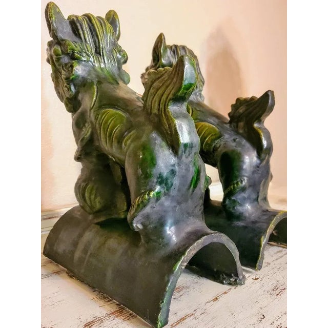 Antique Qing Dynasty Foo Dog Lion Architectural Roof Tile Figure Statue - a Pair For Sale - Image 9 of 13