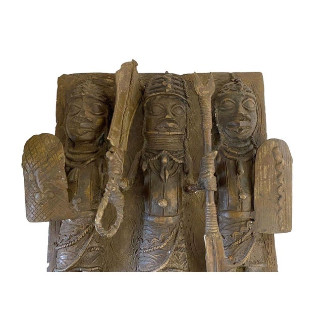 Vintage African Benin Bronze Plaque W/ Warriors 14" H For Sale - Image 4 of 6