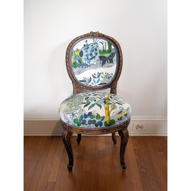 Blue Vintage French Side Chair Freshly Upholstered in Schumacher Citrus Garden in Pool For Sale - Image 8 of 9
