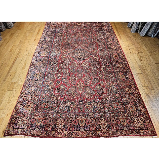 Antique Oversized Persian Sarouk Area Rug, Hand-Knotted Wool, Allover Floral Pattern, 10x17, Red & Navy For Sale - Image 11 of 18