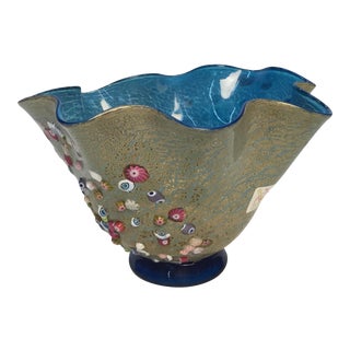Late 20th Century Vetro Artistico Blue and Gold Morano Bowl With Raised Millefiori Elements For Sale