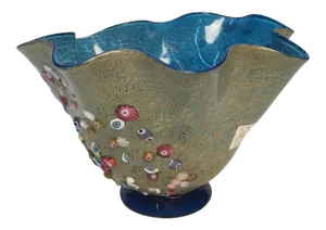 Late 20th Century Vetro Artistico Blue and Gold Morano Bowl With Raised Millefiori Elements