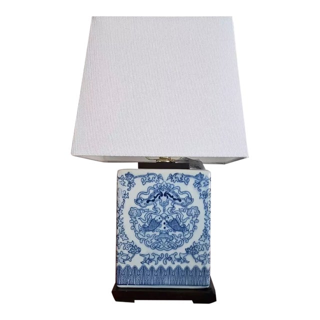 Vintage Lauren Ralph Lauren White and Blue Koi Fish Small Porcelain Table Lamp With Shade For Sale