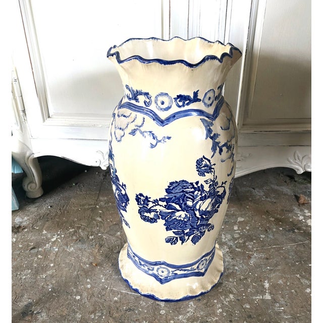 Blue Vintage Blue & White Ironstone Staffordshire Floor Vase For Sale - Image 8 of 8
