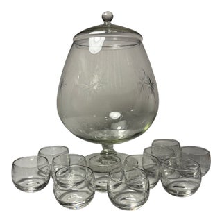 1960s Mid Century Modern Susquehanna Glass Six Point Star Punch Bowl Lid and Eleven Punch Cups - 12 pcs For Sale