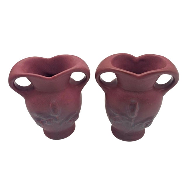 Art Nouveau Van Briggle Pottery Matched Pair Double Handled Mulberry Vases Art Nouveau 7” For Sale - Image 3 of 8