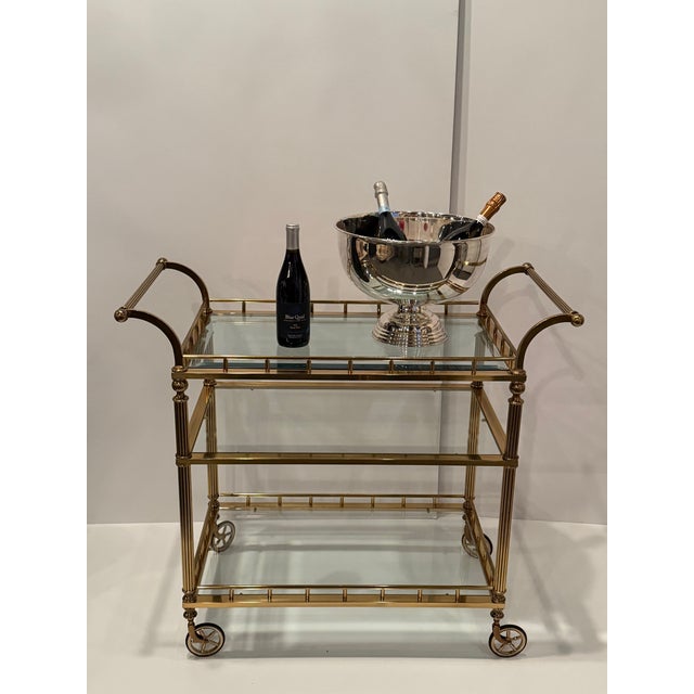 Regency Style 3 Tier Brass & Glass Mid Century Modern Bar Cart For Sale - Image 11 of 12