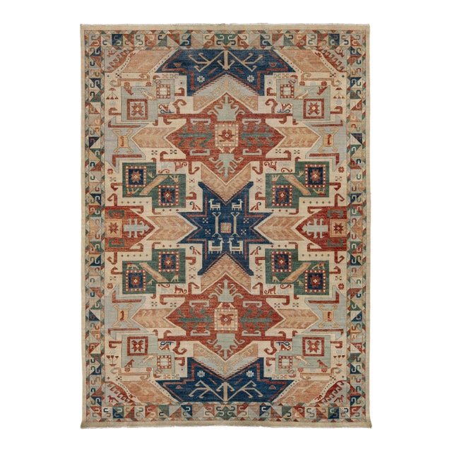 Modern Kazak Style Hand-Knotted Wool Rug – Geometric Tribal Design in Terracotta For Sale