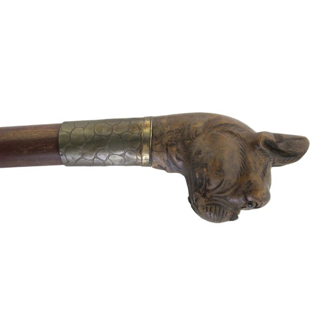Victorian Bulldog Dog Head With Realistic Eyes Carved Wood Walking Stick Cane For Sale - Image 10 of 12