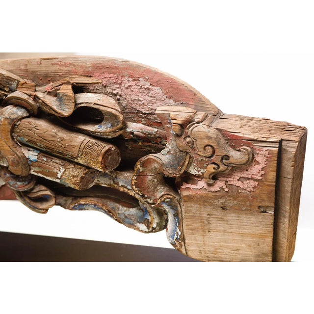 18th Century Antique Carved Temple Fragment With Red and Gilded Gold Paint on a Custom Metal Stand For Sale - Image 5 of 10