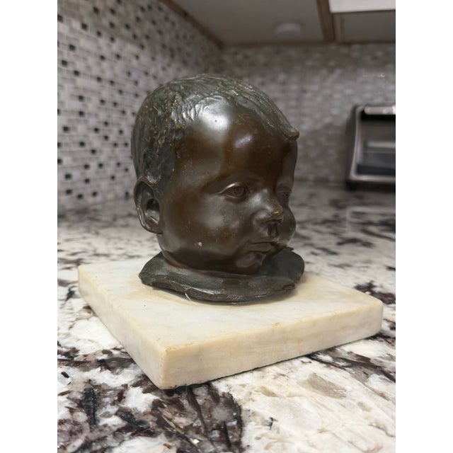 Mid-Century Modern 1960s Signed Mid-Century Modern Bronze Infant Bust on Marble Base For Sale - Image 3 of 10
