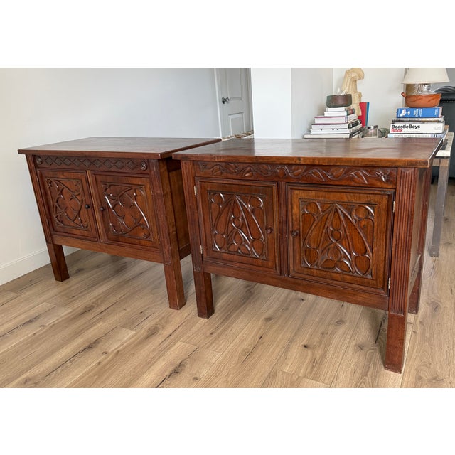 Gothic Gothic Revival Hand-Carved Walnut Cabinets/Side Tables - Pair For Sale - Image 3 of 12