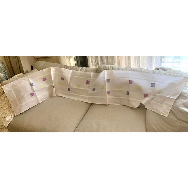 Pottery Barn Pottery Barn Table Runner Embroidered Colored Patches Purple Blue Green on White Cotton Fabric For Sale - Image 4 of 12