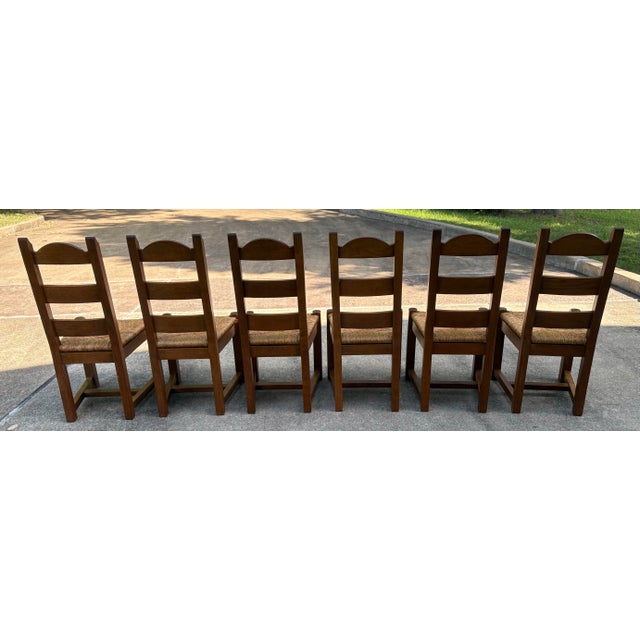 Brown Vintage French Country Chunky Ladder Back Dining Chairs With Rush Seats - Set of 6 For Sale - Image 8 of 9