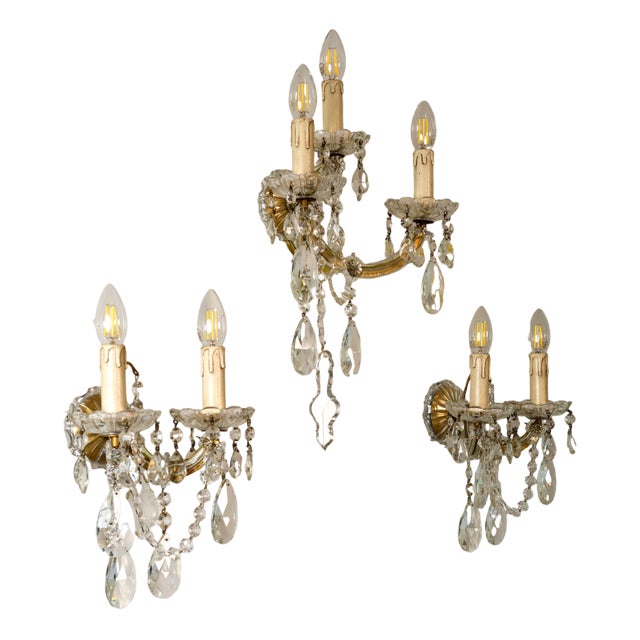 Triptych of Maria Theresa Style Crystal Wall Lamps, 1940s, Set of 3 For Sale