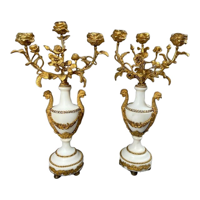 19thC French Louis XVI White Marble Bronze Candelabras - Pair For Sale