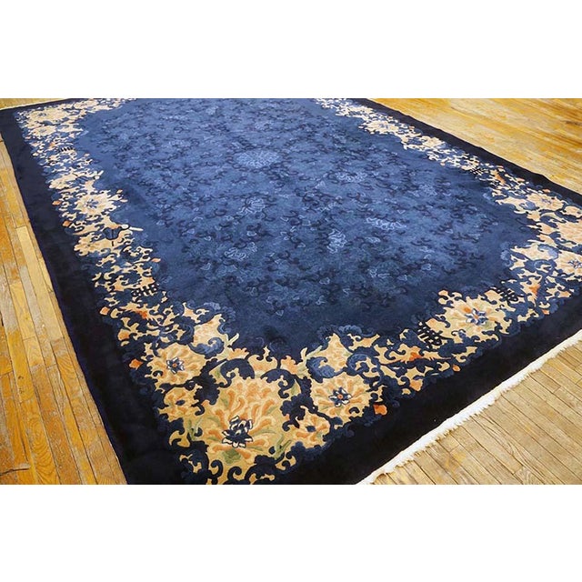 1920s Traditional Floral Antique Chinese Peking Wool Blue Hand Knotted Rug For Sale - Image 4 of 11