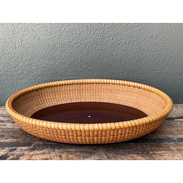 Vintage Rattan Woven Nantucket Basket With Wood Base For Sale - Image 9 of 12