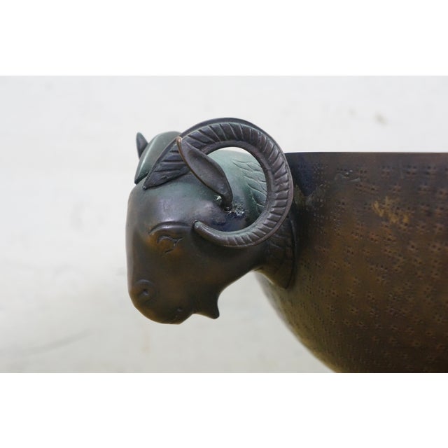 Vintage Hammered Brass Rams Bust Head Centerpiece Bowl 18" For Sale - Image 6 of 15