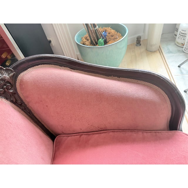 Wood Rococo Revival Loveseat With Antique Rose Velvet Upholstery and Decorative Walnut Carvings For Sale - Image 7 of 9