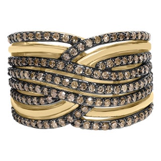 10K Yellow Gold Plated .925 Sterling Silver 1.0 Cttw Champagne Diamond Multi Row Cross Over Band Ring - Size 7 For Sale