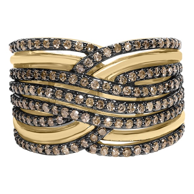 10K Yellow Gold Plated .925 Sterling Silver 1.0 Cttw Champagne Diamond Multi Row Cross Over Band Ring - Size 7 For Sale