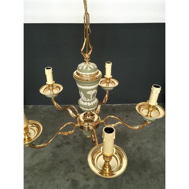 Hollywood Regency Style Green Porcelain and Brass Chandelier, 1970 For Sale - Image 6 of 18