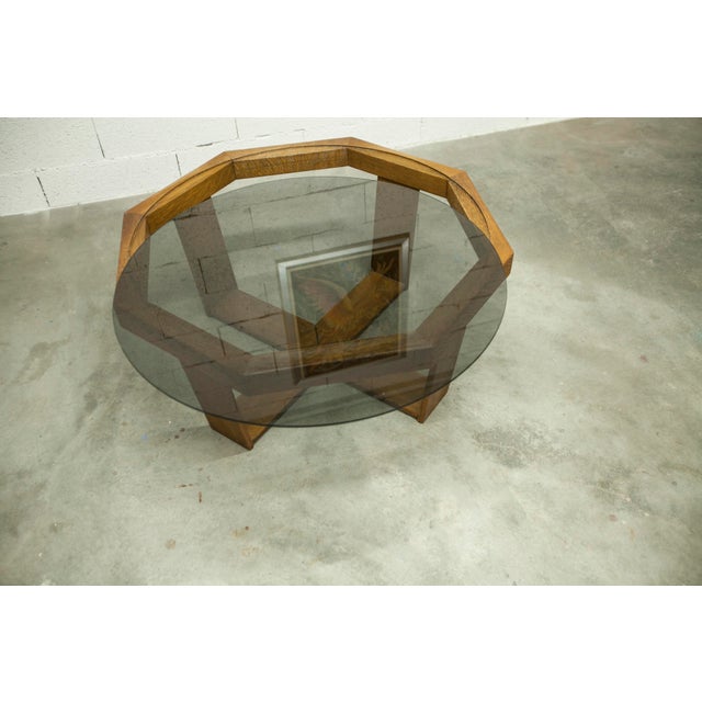Brown Hexagonal Table in Oak and Smoked Glass, Switzerland, 1977 For Sale - Image 8 of 18