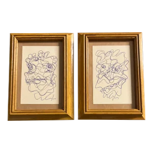 1980’s 2 Vintage Original Wayne Cunningham Abstract Ink Drawings Framed-A Pair