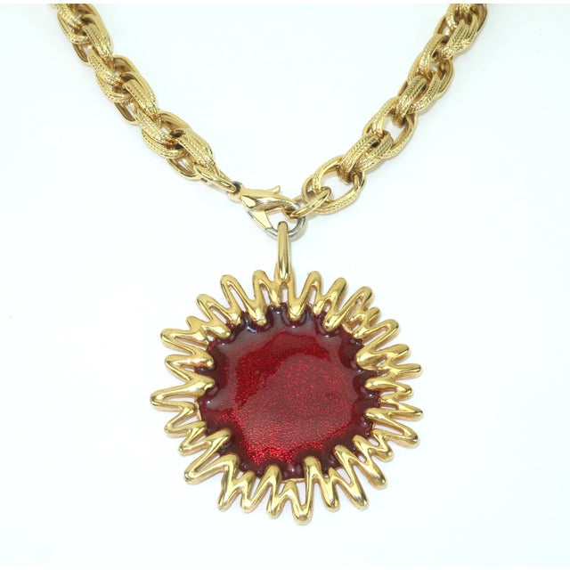 Yves Saint Laurent Jomaz Gold Plated Sunburst Pendant Chain Link Necklace c.1970 For Sale - Image 4 of 12