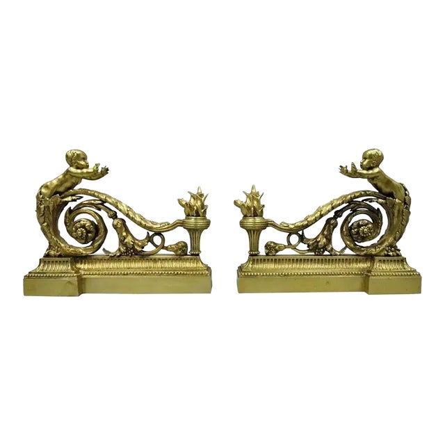 Antique French Louis XV Style Bronze Cherub Chenets Fireplace Andirons- a Pair For Sale
