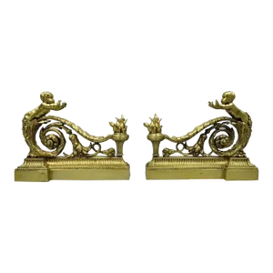 Antique French Louis XV Style Bronze Cherub Chenets Fireplace Andirons- a Pair