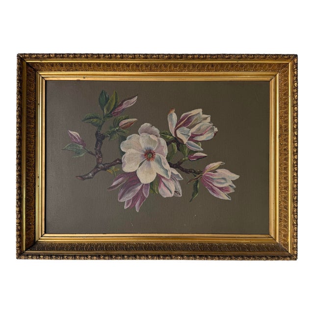Vintage Magnolia Blossom Still Life Oil on Board Painting in Ornate Gold Wood Frame For Sale